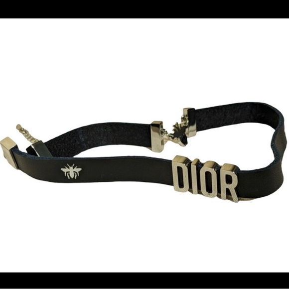 DIOR BEE CALFSKIN LEATHER BRACELET Double Wrap Dark Navy & Silver - Picture 5 of 7